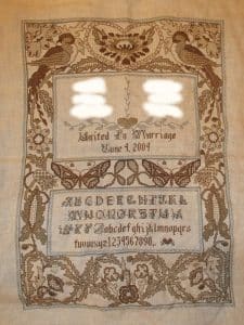 cross stitch antique vintage wedding sampler, alphabet, united in marriage