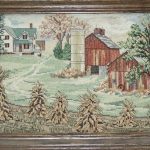 cross stitch autumn scene, house, barn, silo, trees, seasonal