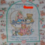 cross stitch babies fill our hearts birth announcement with bears, bunny, cradle, toys