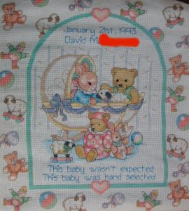 cross stitch babies fill our hearts birth announcement with bears, bunny, cradle, toys
