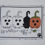 cross stitch cat o lantern with black cat and pumpkins, jack o lanterns