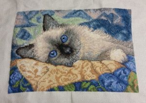 cross stitch charming cat with blue eye kitten on colorful blanket