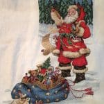 cross stitch checking his list christmas stocking, holiday, santa holdling list, bag of toys, outdoor