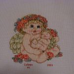 cross stitch charity quilt cherubs, mom holding baby, floral