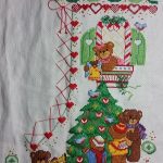 cross stitch christmastime bears holiday stocking, bear at window, tree, red and green ribbon