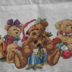 cross stitch christmas bear tree skirt, holiday bears, gifts, hats, toy drum
