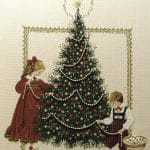 cross stitch christmas tree with children decorating, garland,, ornaments vintage, boy and girl by Lavender & Lace