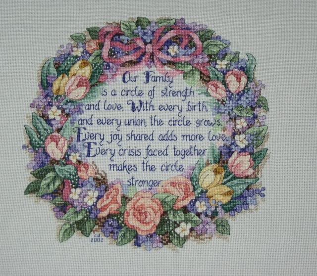cross stitch circle of love, our family, floral wreath, pink ribbon