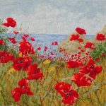 cross stitch clifftop poppies, water, nature, floral flowers