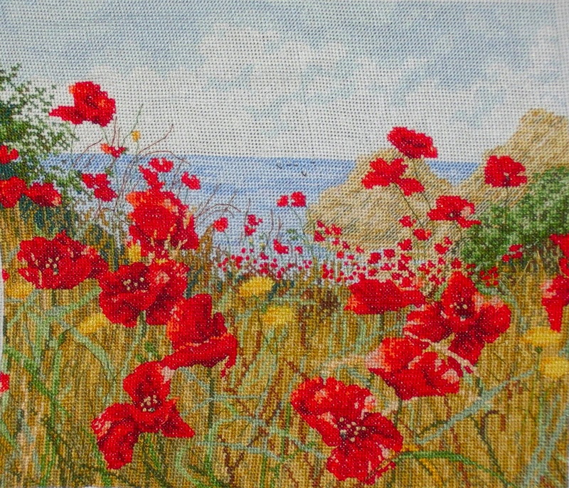 cross stitch clifftop poppies, water, nature, floral flowers