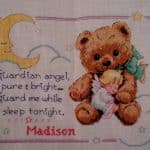 cross stitch cuddly bear birth, guardian angel bear with angel sleeping, moon, stars and clouds