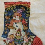 cross stitch cute carolers christmas stocking. snowman, singers, bunny, penquin, cat holiday, backside
