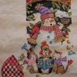 cross stitch cute carolers christmas stocking progress. snowman, singers, bunny, penquin, cat holiday