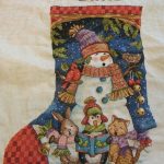 cross stitch cute carolers christmas stocking. snowman, singers, bunny, penquin, cat holiday