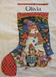 cross stitch cute carolers christmas stocking. snowman, singers, bunny, penquin, cat holiday