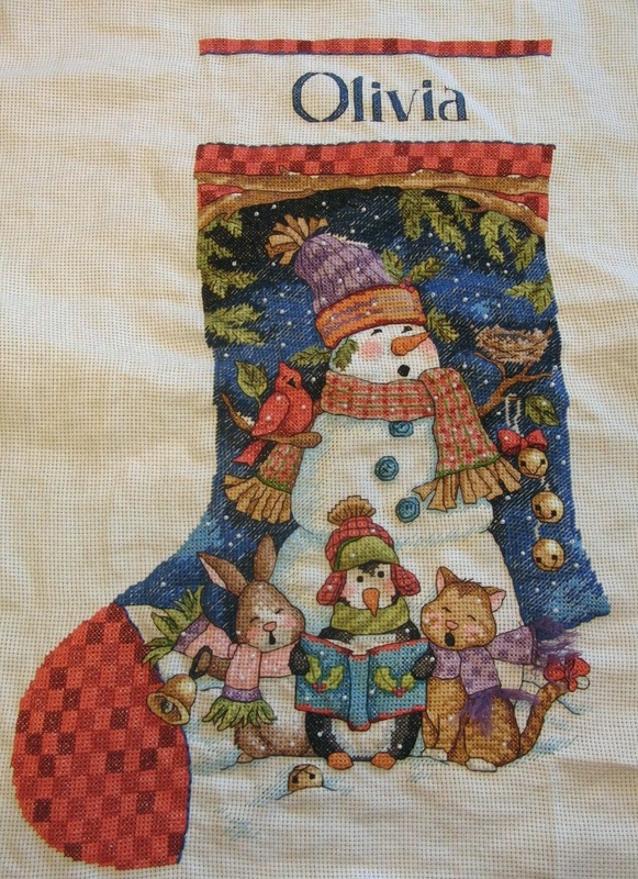 cross stitch cute carolers christmas stocking. snowman, singers, bunny, penquin, cat holiday