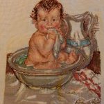 cross stitch daily bath progress. Baby in basin, wash cloth, pitcher