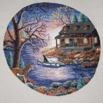cross stitch days end, serene, calm water, cabin in country, trees