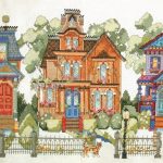 cross stitch diamond avenue, colorful victorian houses, fences, kittens, cats