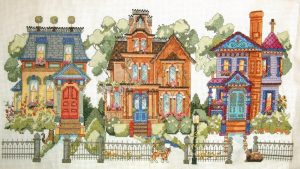 cross stitch diamond avenue, colorful victorian houses, fences, kittens, cats