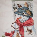 cross stitch emmas friends christmas stocking. snowman with hat, birds, seeds, woodland, cardinal