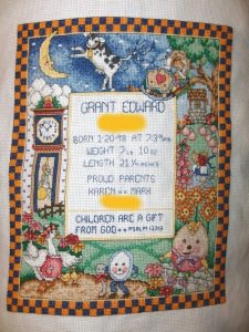 cross stitch fairy tale baby birth announcement , humpty dumpty, clock, cow over moon, flowers, children