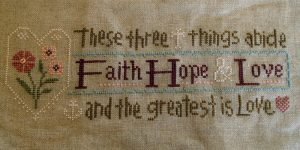 cross stitch faith, hope & love, vintage saying by lizzie kate