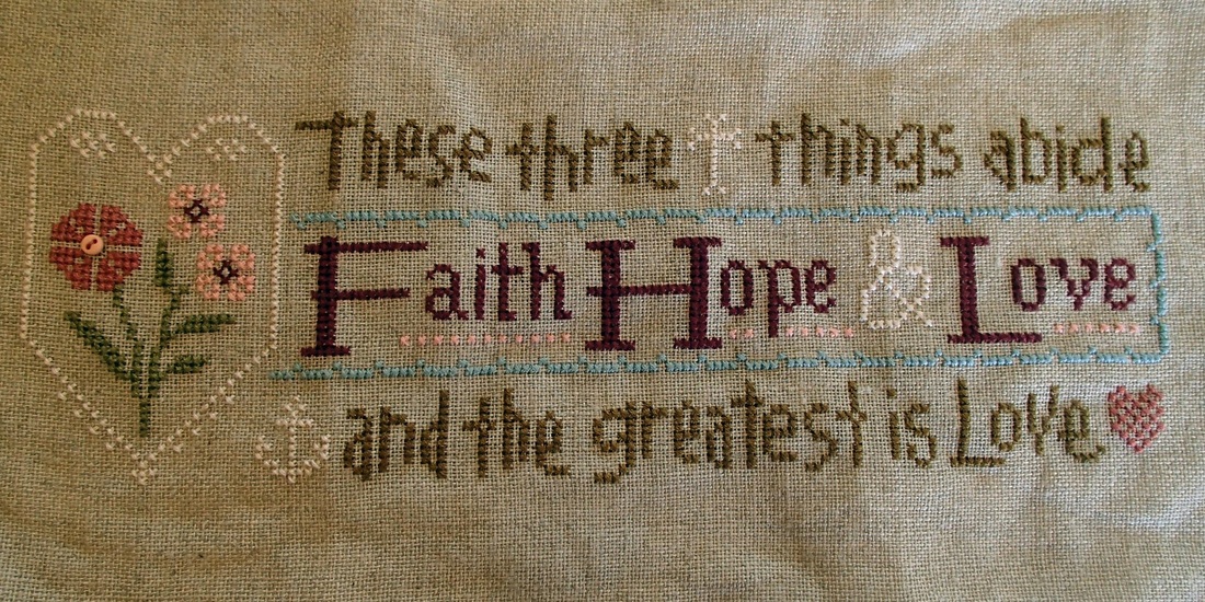 cross stitch faith, hope & love, vintage saying by lizzie kate