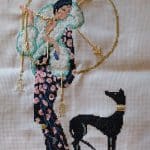 cross stitch fashion lady, elegant dress, black dog