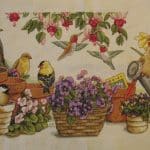 cross stitch garden friends, plants, birds, floral, flowers, pots, spring