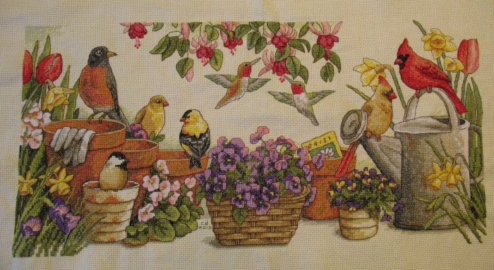 cross stitch garden friends, plants, birds, floral, flowers, pots, spring