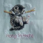 cross stitch hang in there with cat kitten hanging from a branch
