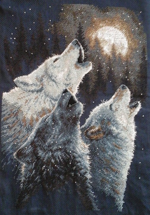 cross stitch in harmony with wolves howling at night moon, stars, snow