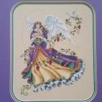 cross stitch innocent guardian, lady, fairy, angel beautiful dress, dove, floral garland