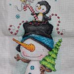 cross stitch jolly trio christmas stocking, holiday, snowman, penguin, mouse, snowflakes, tree