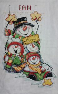 cross stitch let it snow christmas stocking, holiday, snowman family