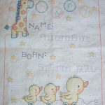 cross stitch lullaby friends baby birth announcement with ducks, stars and giraffe