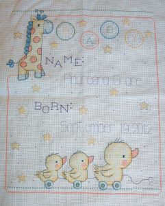 cross stitch lullaby friends baby birth announcement with ducks, stars and giraffe