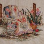 cross stitch paula vaughan may quilt, fence, flowers, chair and quilt