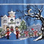 cross stitch midwinter moonlight, christmas, winter, tree, snow, garland, victorian house