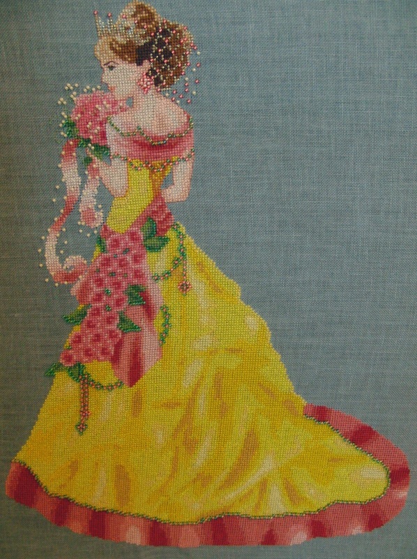 cross stitch milady of spring, elegant maiden yellow dress, pink flowers and ribbon