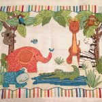 cross stitch modzoo birth announcement with jungle animals, koala, monkey, elephant, colorful border