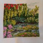 cross stitch monet giverny bridge, small scene, water, floral