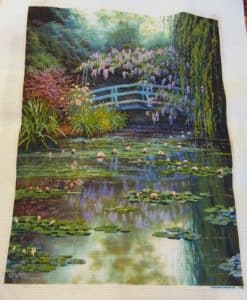 cross stitch monets japanese garden, bridge, flowers, lily pads, water