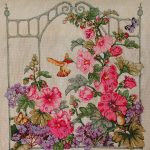 cross stitch morning dew, nature, gate with flowers and hummingbird, floral