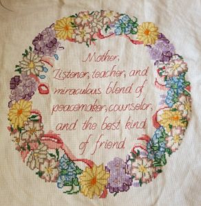 cross stitch mother wreath, saying, flowers, floral