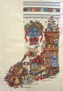 cross stitch music room christmas stocking, insturments, holiday, cello, tuba, piano, violin, trumpet