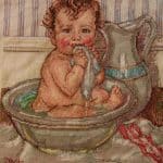 cross stitch my daily bath . Baby in basin, wash cloth, pitcher