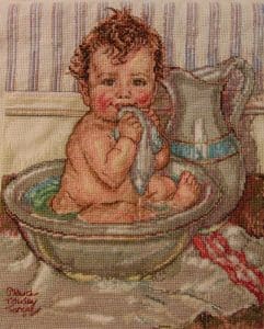 cross stitch my daily bath . Baby in basin, wash cloth, pitcher