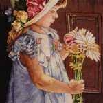 cross stitch my little sunshine with girl in floral bonnet holding flowers at door